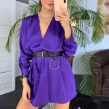 Elegant Mini Dress Sexy V-neck Lantern Sleeve Stain Party Dress Vestidos Loose Solid A-line Belt Stain Dress