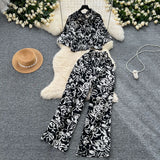 Fongt Light Style Suit Women's Fashion With Loose Short Print Shirt + High Waist Display Thin Leg Slacks