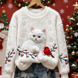 Fongt Christmas Lattice Round Neck Long Sleeves Elegant Retro Explosion