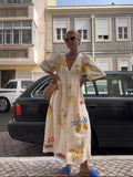 Fashion Positioning Print V Collar Cute Short Sleeve Loose Dress 2025 Spring And Summer