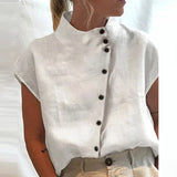 Solid Color Turtleneck Blouse Shirts Women Elegant Short Sleeve Button Pullover Tops Lady Casual Loose Blusa