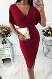 Hot Style Summer Solid Color V-Collar Sexy Hip Dress Women's Short Sleeves-Outfit