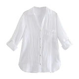 Spring Autumn Women Retro Simple Style Loose Long Sleeve Basic Solid Color Shirt Casual Chic