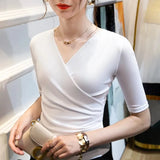 Summer Thin Women Crossed V Neck Mesh T Shirts Lady Elegant Elastic Base Folds Tops Tees Female Half Sleeve T-Shirt-Outfit