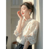 Fongt 2025 New Light Luxury High-End White Printed Shirt Super Good-Looking Beautiful French Long-Sleeved Top