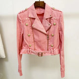 STREET Newest 2023 Designer Biker Jacket Women's Lion Buttons Motorcycle Biker Denim Short