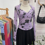 Fongt Tie-Dye-Print Long Sleeve Bottom Sexy Hottie V-Neck T-Shirt Folded Slimming Mesh Yarn Top 8929