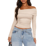 Women Basic Solid Undershirt Slash Off Shoulder Full Sleeve Shirt Shrunk Soft T-Shirt Autumn Versatile Street Daily Top-Outfit