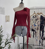 Tie Dyed Elastic Mesh Oblique Shoulder Irregular Horn Long-Sleeved T-Shirt Flower Short Floated Female
