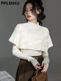 Cloak Sweater 2 Piece Sets Fall Winter Retro Thick Mock Neck Knit Cape And Slim V-neck Pullover Women Warm Sweaters
