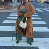 Women's Faux Fur Warm Coat Lapel Casual Loose Long Sleeve Hem Tassel Plush Overcoat 2023 Winter New Tide-Outfit