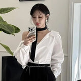 Shirts Blouses Elegant Feminino Blusas Mujer Full Sleeve Camisas Clavicle Exposed Ropa Spring Lapel Womens Clothing-Outfit