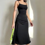 Fongt New Black Slip Dress Women's Side Waist Small Draw Pleated Waist Show Thin