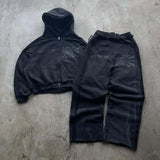 Fongt Two-Piece Hooded Zippered Sweater Street Style Personality Loose Straight Trousers