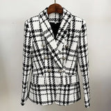 STREET Newest 2022 Designer Blazer Jacket Women's Shawl Collar Double Breasted Lion Buttons Plaid Tweed