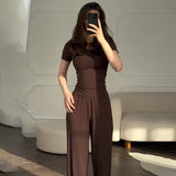 Fongt Summer New Women's Round Neck Solid Color Wide Leg Pants Commuting Leisure Suit Women
