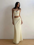 Satin Contrast Trim Bow Crop Top And Maxi Skirt Two Piece Set-Outfit
