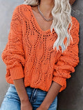 Fongt Autumn And Winter Casual Hollow V-Neck Long Sleeves Loose Knitted Sweater Sweater Woman