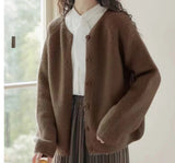 Soft Waxy Round Neck Long-Sleeved Knitted Cardigan Women's 2024 Autumn And Winter Short Lazy Style Solid Color Sweater Jacket-Outfit