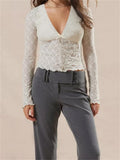 Women Lace Slim Fit Tees Tops Long Sleeve Deep V-neck Front Mini Bowknot Patchwork T-shirts Clubwear 2024 Solid Tops-Outfit