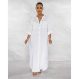 Fongt Summer Loose Solid Color Long Sleeve Single Breasted Half Open Collar Fringe Dress-Outfit