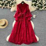 Fongt High-End Women's Dress 2025 Spring Collection Heavy Industry Embroidery V Neck Lantern Sleeve Single Row Buckle Long Skirt