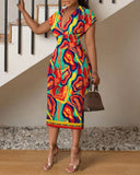 Burst Spring / Summer New Simple V Neck Bag Hip Print Dress Women's Dress-Outfit