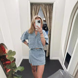 Fongt Casual Jeans Set Women's Summer Loose Skinny POLO Short Sleeve Shirts Irregular Dresses