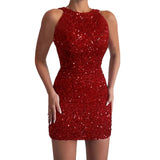 Fongt New Fashion Hanging Neck Sexy Crystal Tuxedo Supid Squin Dress Mid-Rise Evening