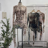 Real Shooting Babes Long Sleeves And Jersey Net Yarn Dye Printing Irregular Lotus Leaf Edge Ribbon Folding Top