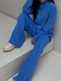 Women Knitted Suit Warm Solid Split Pullovers and Wide Pants Two-piece Suit Female Half Turtleneck Oversize Tracksuit-Outfit