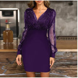 Fongt Mesh V-Necked Squint Dress Sexy Dress Autumn And Winter Elegant Tight