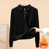 Women's Plus Velvet Thicken Polo Collar Knitted Sweaters Winter Korean Sweet Casual Pullover Sueter Warm Slim Crochet