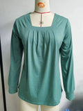 2023 New Casual Square Collar Pure Color Pleated Long-Sleeved Top T-Shirt Women-Outfit