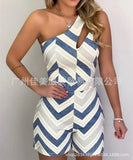 New Spring / Summer 2023 Wish Wave Printing One-Shoulder Striped Jumpsuit Is Available For Women.-Outfit