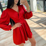 Sexy Sashes Satin A Line Mini Dress Deep V Neck Front Cross Lantern Sleeve Drawn Back Casual Dress 2021 New Women