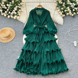 Fongt New Elegant Dress Spring Dress High-End Retro Collar Lantern Sleeves To Close Waist Lotus Leaves Side Pressure Skirt Dress Woman