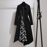 Women Long Sleeve Spring Dresses Korean Casual Turn Down Collar Print Patchwork Irregular Zipper High Waist