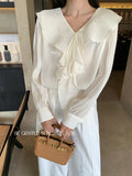 Fongt Xixi 2025 Autumn White Label Thin Temperament Hundred Lotus Leaf V Collar Chiffon Shirt Long-Sleeved Shirt Lady 89573