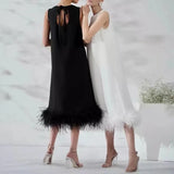 Fongt New Spring 2024 Round Collar Sleeveless Hem Stitching Feather Dress-Outfit