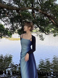 Gradient Blue Patchwork Strap Dress Spring New Ruched Backless A-line Vestidos Sexy Hot Slim Fit Long Robe Mesh Y2k-Outfit