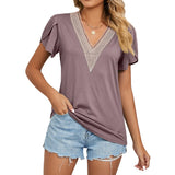 2023 New Gold Lace Lady V-Neck Tile Short Sleeve Solid Color T-Shirt Top-Outfit