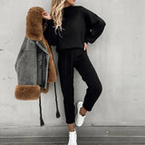 Fleece Pullover Sets Women Casual Lantern Sleeve Sweatshirt Drawstring Pants Solid Color Turtleneck 2 Piece Set