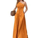 Fongt Women's Dress 2025 New Solid Color Collared Shoulder Tie With High-Waisted Broad-Legged Jumpsuit Woman
