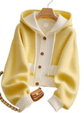 Fongt Style Yellow Splicing Hood Design Sweater Coat Knitted Cardigan Showing Lean Long Sleeves Loose Casual Top