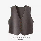 Fashion Solid Color Soft Suit Knitted Vest Women's Spring Soft Suit Autumn V Collar Single-Breasted Buckle-Outfit