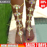 Sandal Boots Rhinestone Lady Knee High Boots Thin High Heels Stiletto Crystal Dress Summer Shoes Sandalias Bohemia