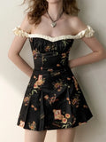 Fongt 2025 New Fresh Sweet Wind Black Broken Floral Dress A Word Shoulder Repair Color Printing