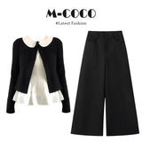 Fongt High-Grade Black Knitted Cardigan Doll Collar Bottom Shirt Jersey Trousers Three-Piece Set
