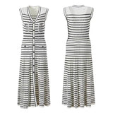 Fongt Knitted Dress Hollow Stripe V-Neck Sleeveless Temperament Elegant Summer Skirt